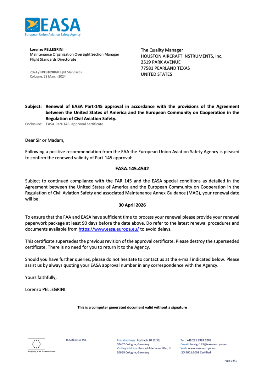 EASA Approval Letter